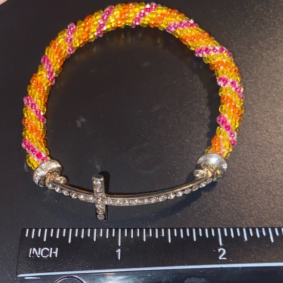 Glass Bead Roll On Rhinestone & Silver Tone Cross Bracelet. - Picture 4 of 8